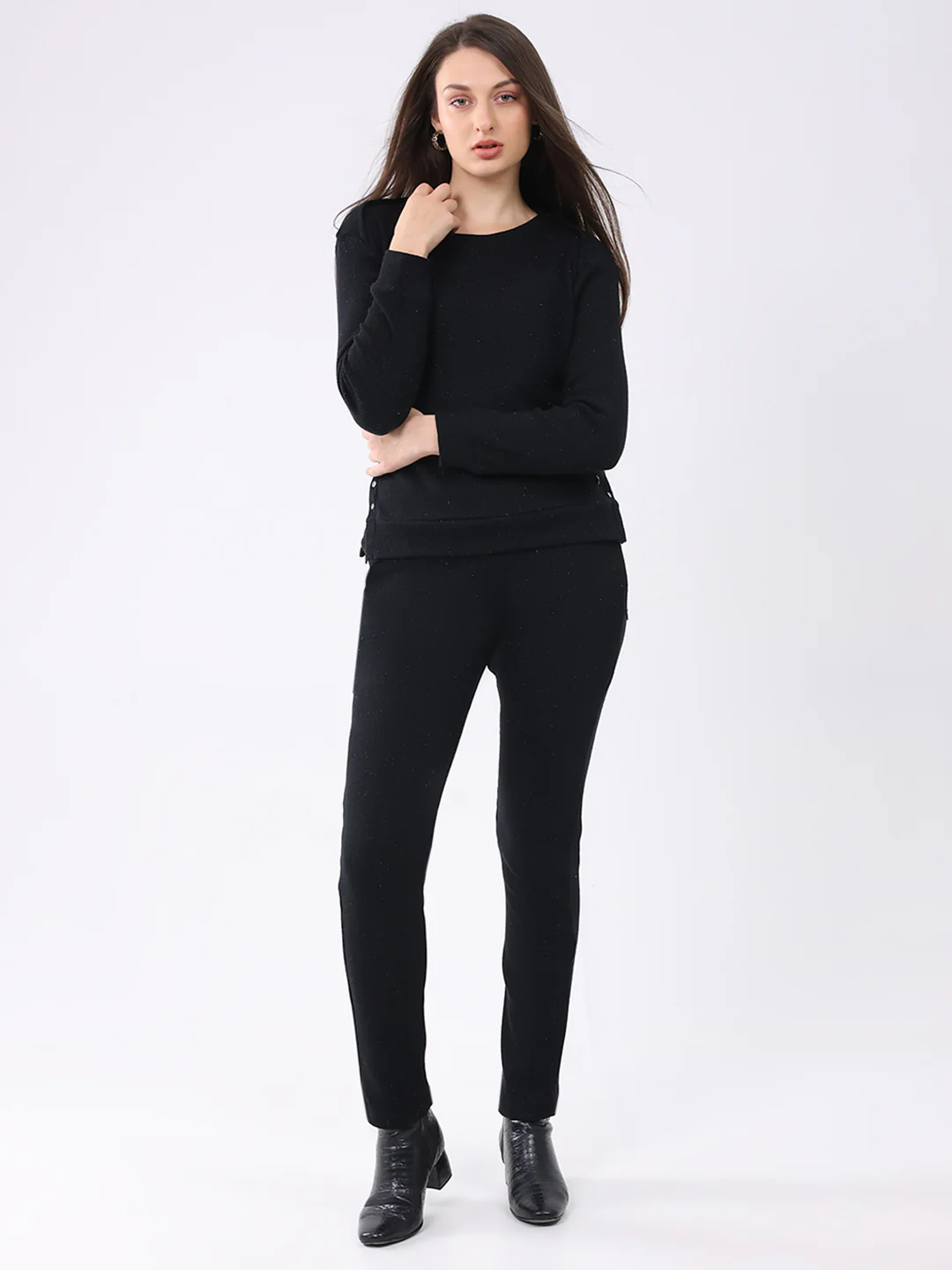 Women Black Self Design Round Neck Full Sleeve Cords Set - Image 3
