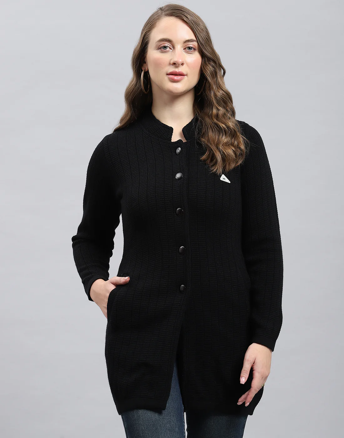 Women Black Self Design Round Neck Full Sleeve Knitted coat - Image 2