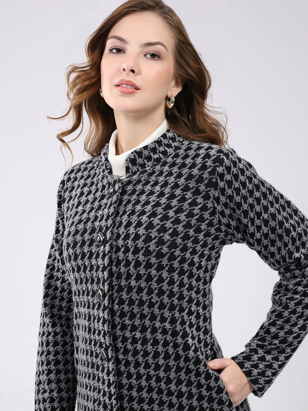 Women Black Self Design Round Neck Full Sleeve Knitted Coat - Image 7