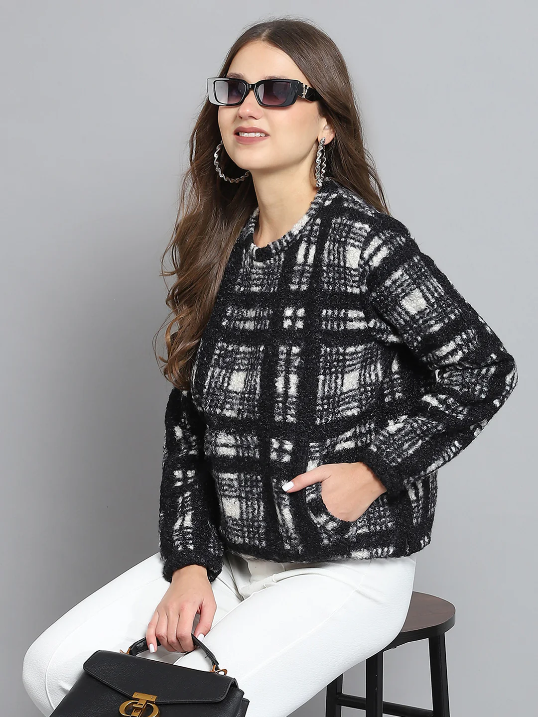 Rock.it Women Black Self Design Round Neck Full Sleeve Sweatshirt - Image 6