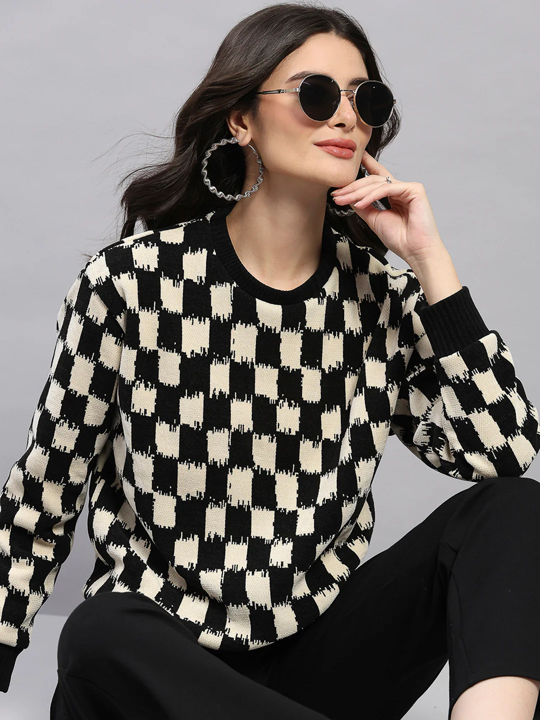 Women Black Self Design Round Neck Full Sleeve Sweatshirt - Image 6