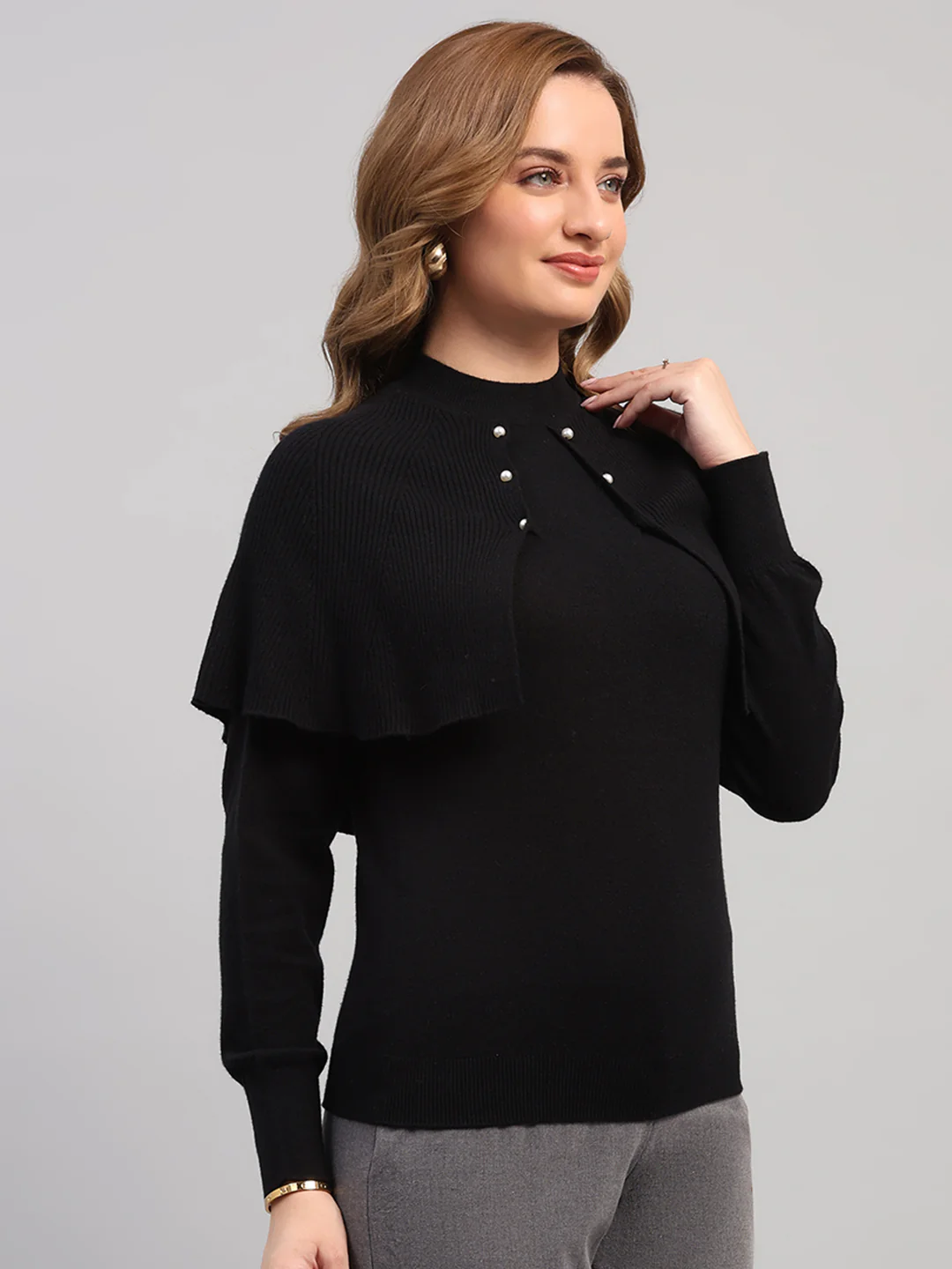 Women Black Self Design Round Neck Full Sleeve Winter Top - Image 4