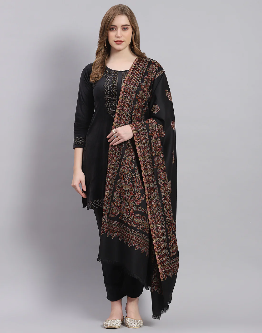 Women Black Self Design Shawl - Image 2