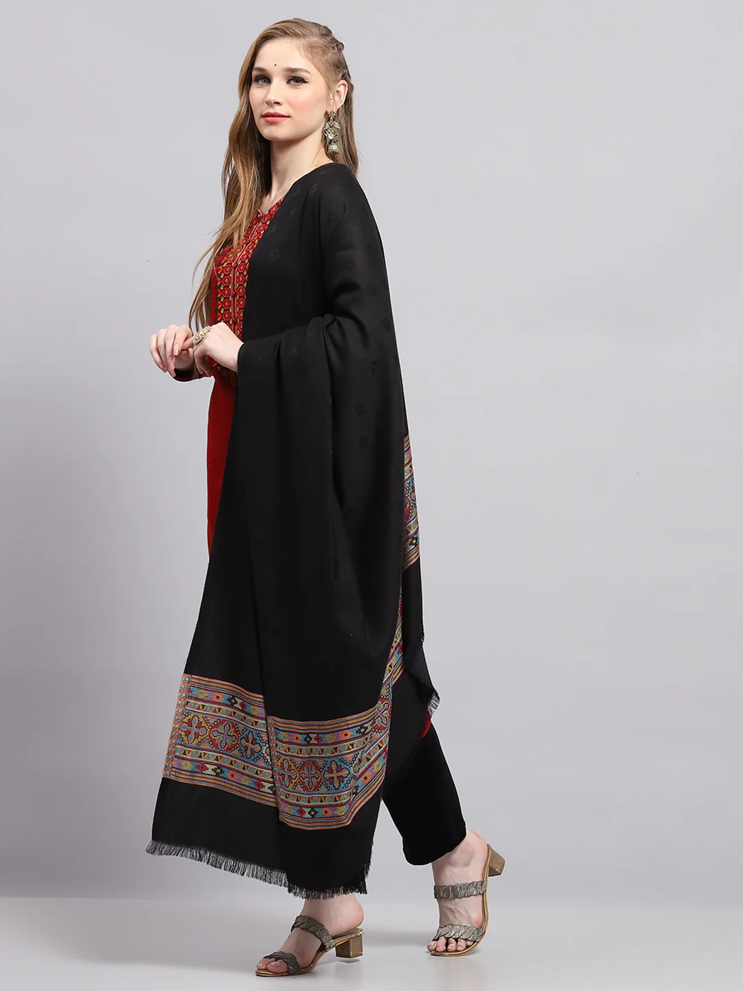 Women Black Self Design Shawl - Image 3