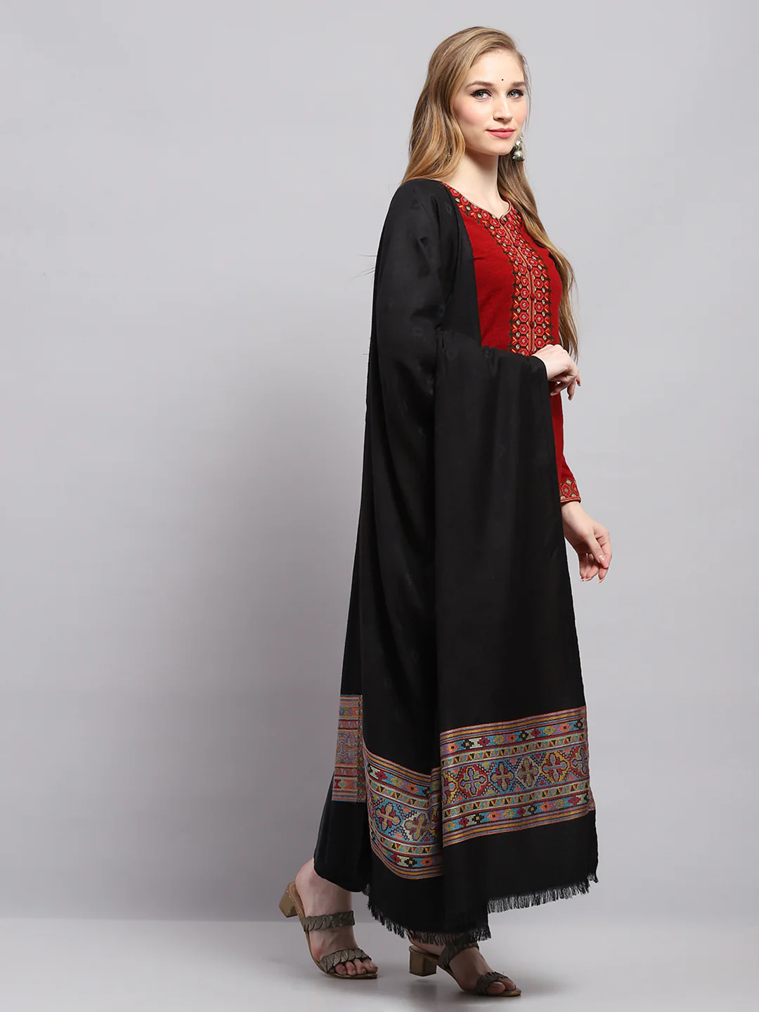 Women Black Self Design Shawl - Image 4