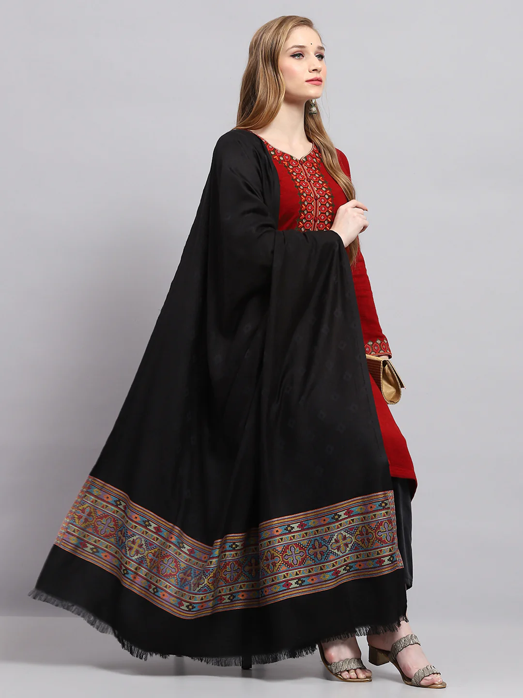 Women Black Self Design Shawl - Image 5