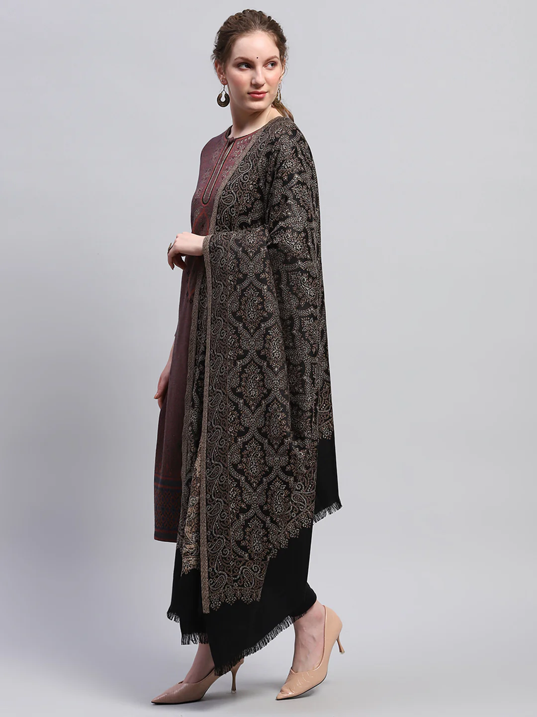 Women Black Self Design Shawl - Image 3