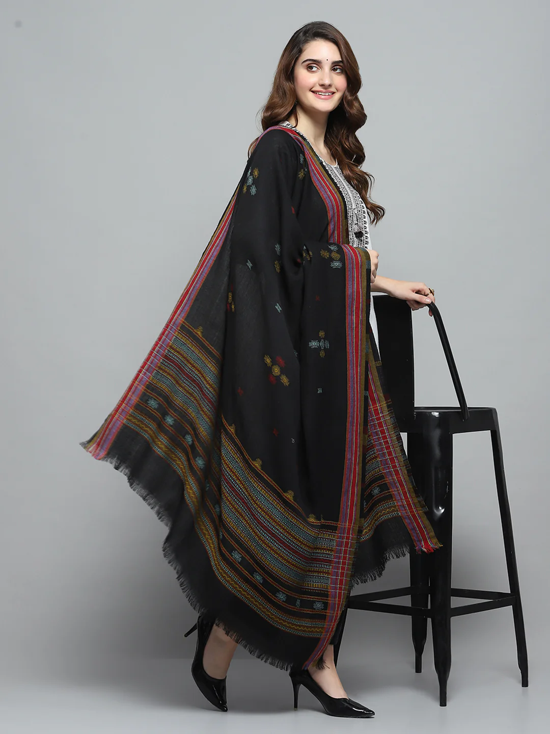 Women Black Self Design Shawl - Image 2