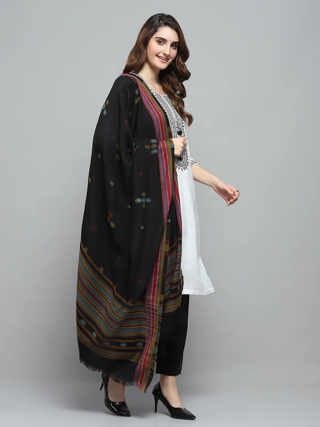 Women Black Self Design Shawl - Image 4