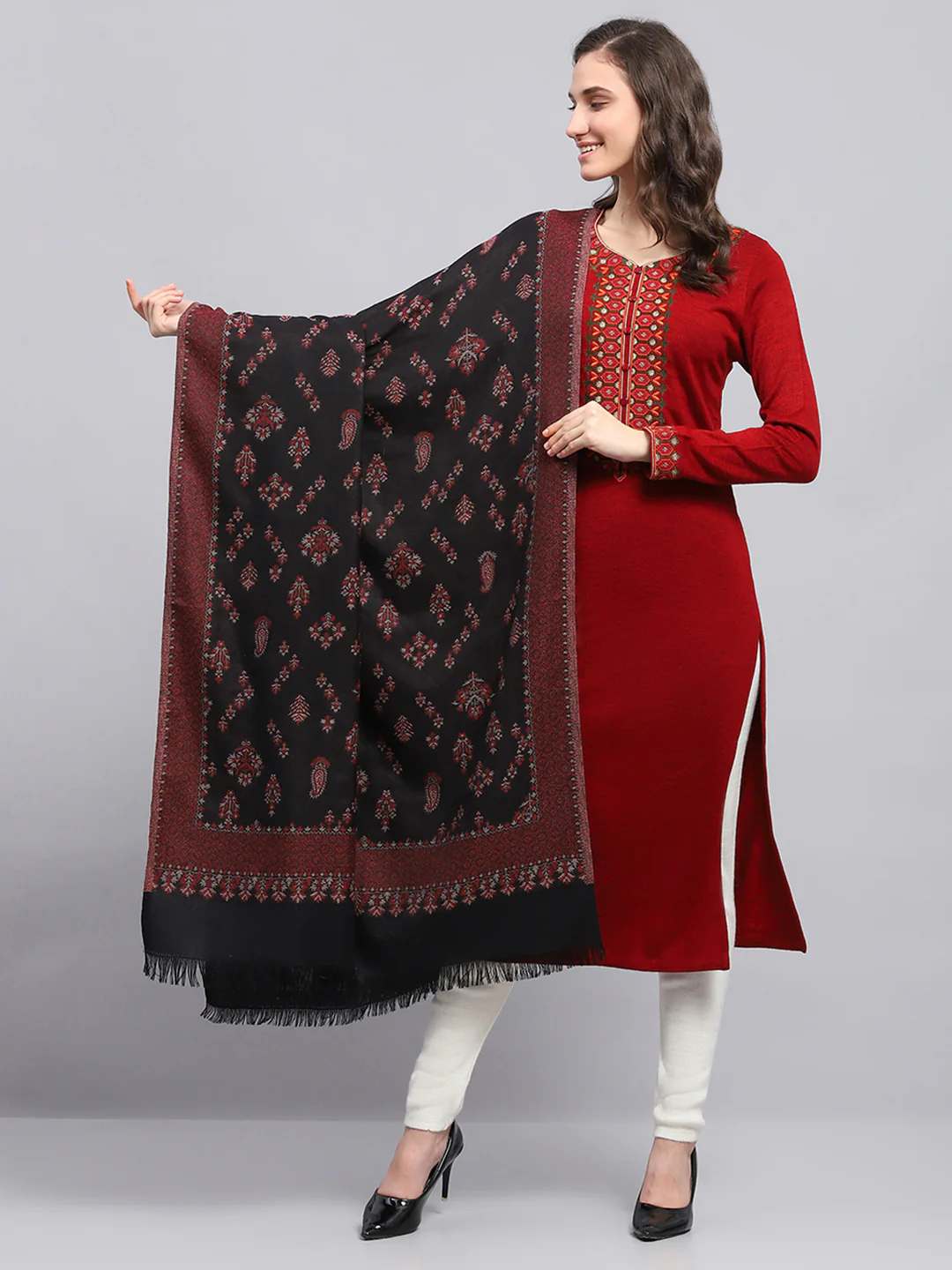 Women Black Self Design Shawl - Image 5