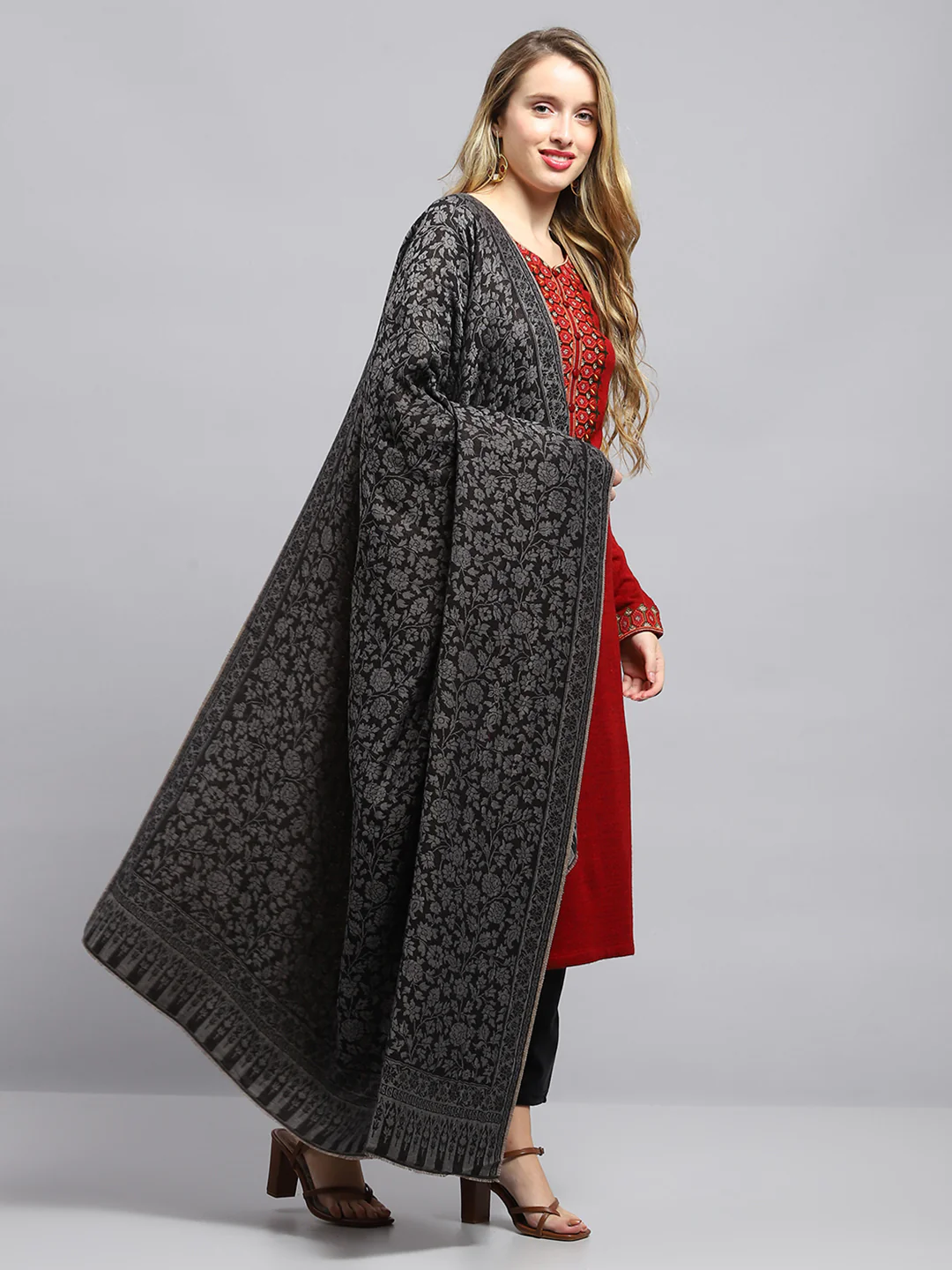 Women Black Self Design Shawl - Image 4
