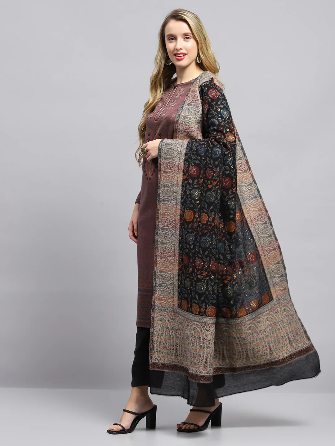 Women Black Self Design Shawl - Image 3