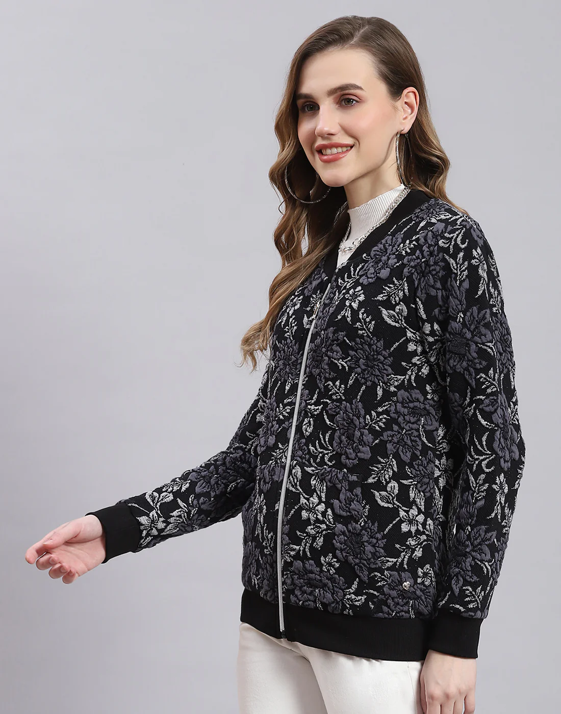 Women Black Self Design Stand Collar Full Sleeve Sweatshirt - Image 3