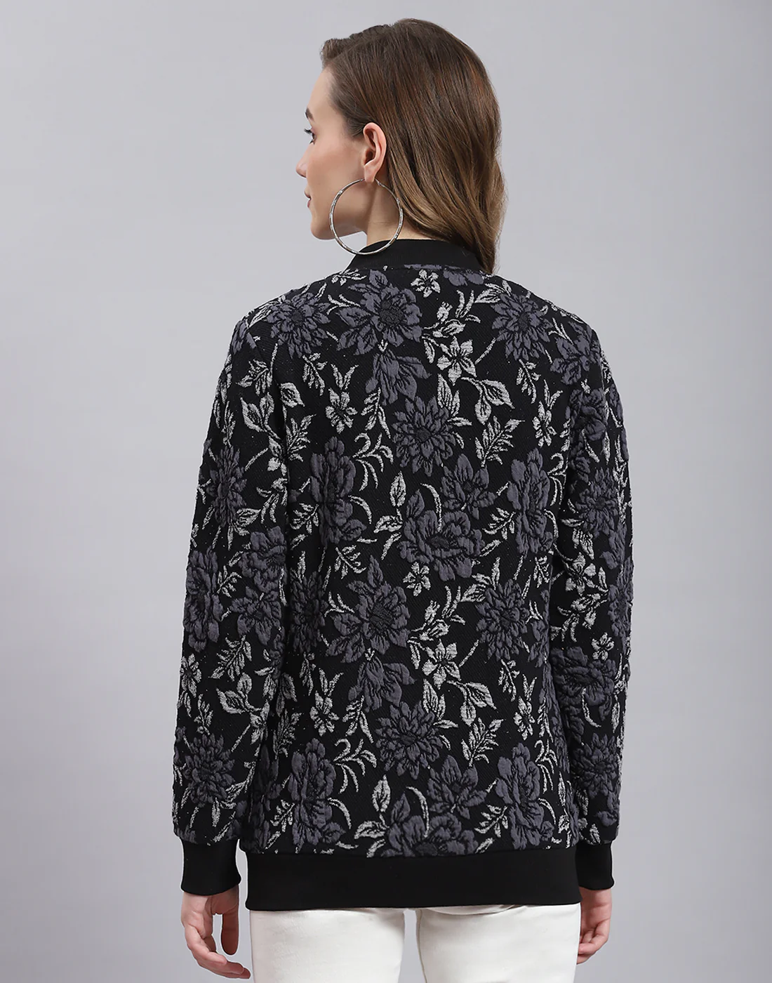Women Black Self Design Stand Collar Full Sleeve Sweatshirt - Image 5