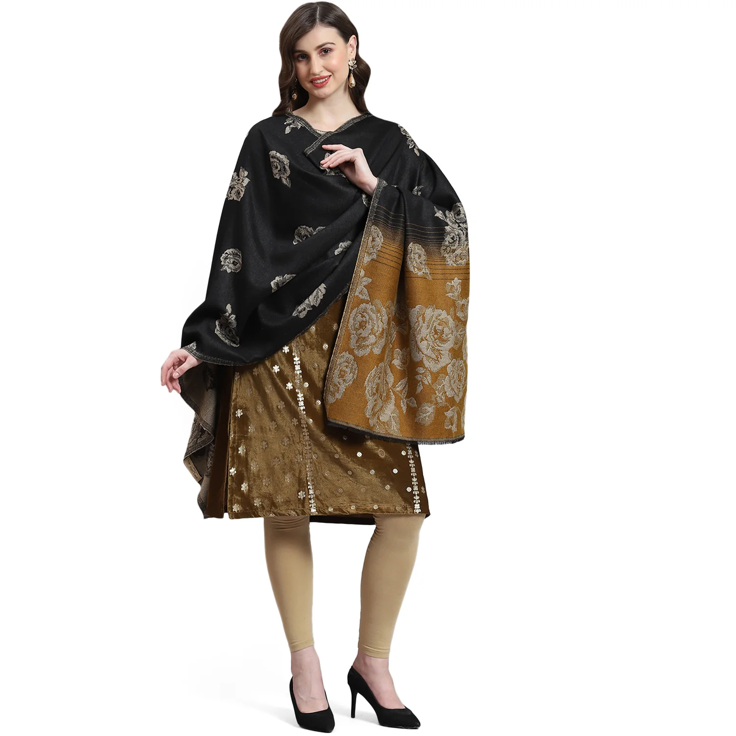 Women Black Self Design Stole - Image 5