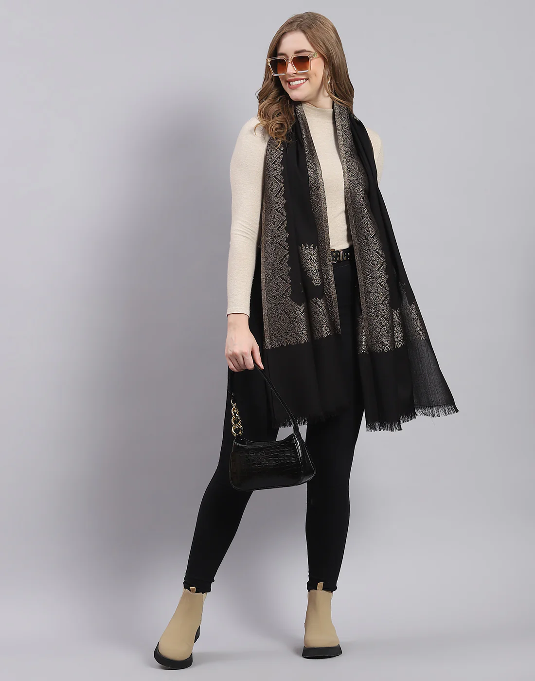 Women Black Self Design Stole - Image 2
