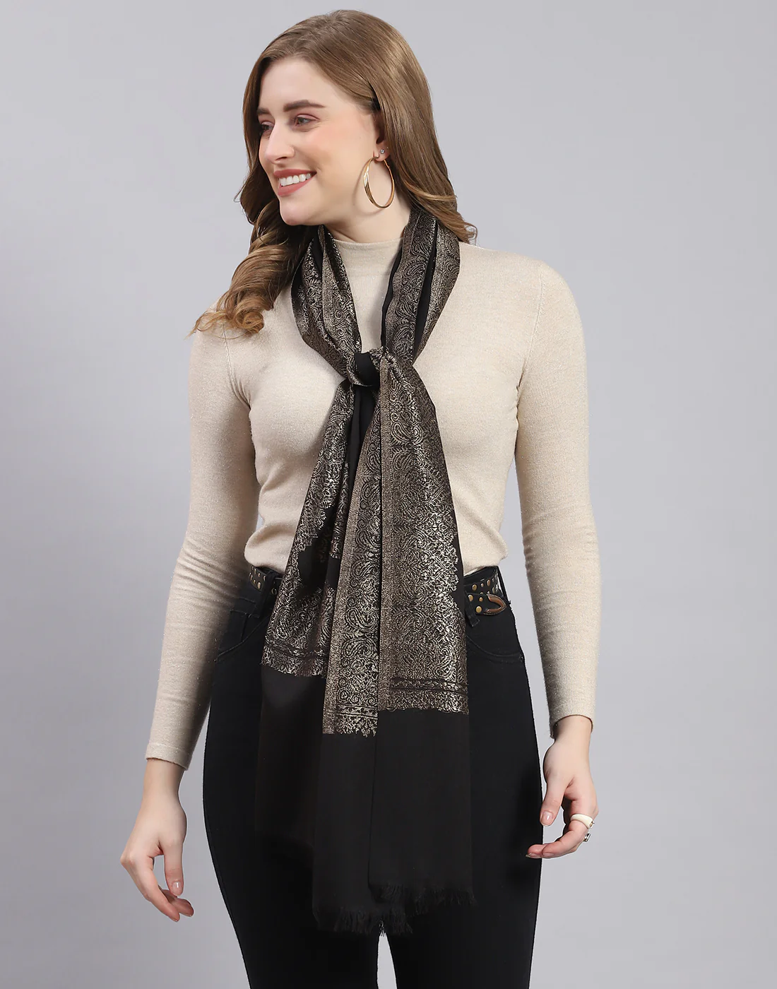 Women Black Self Design Stole - Image 3