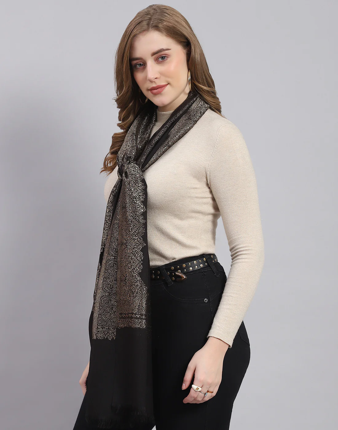 Women Black Self Design Stole - Image 4