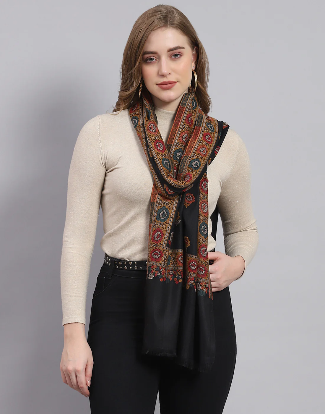Women Black Self Design Stole - Image 2