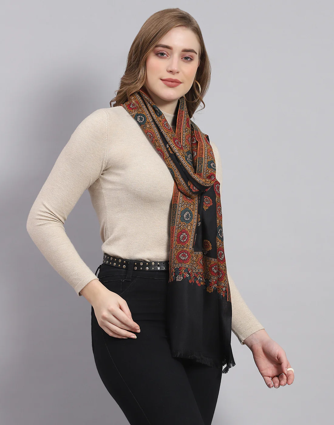Women Black Self Design Stole - Image 4