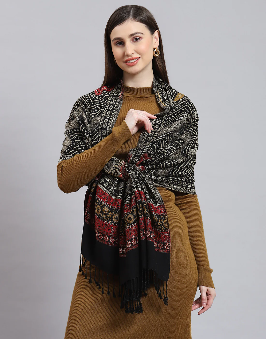 Women Black Self Design Stole - Image 2