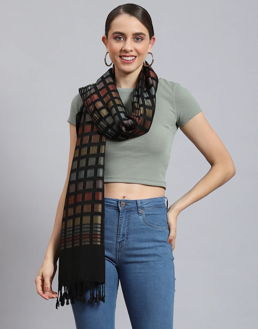 Women Black Self Design Stole - Image 2