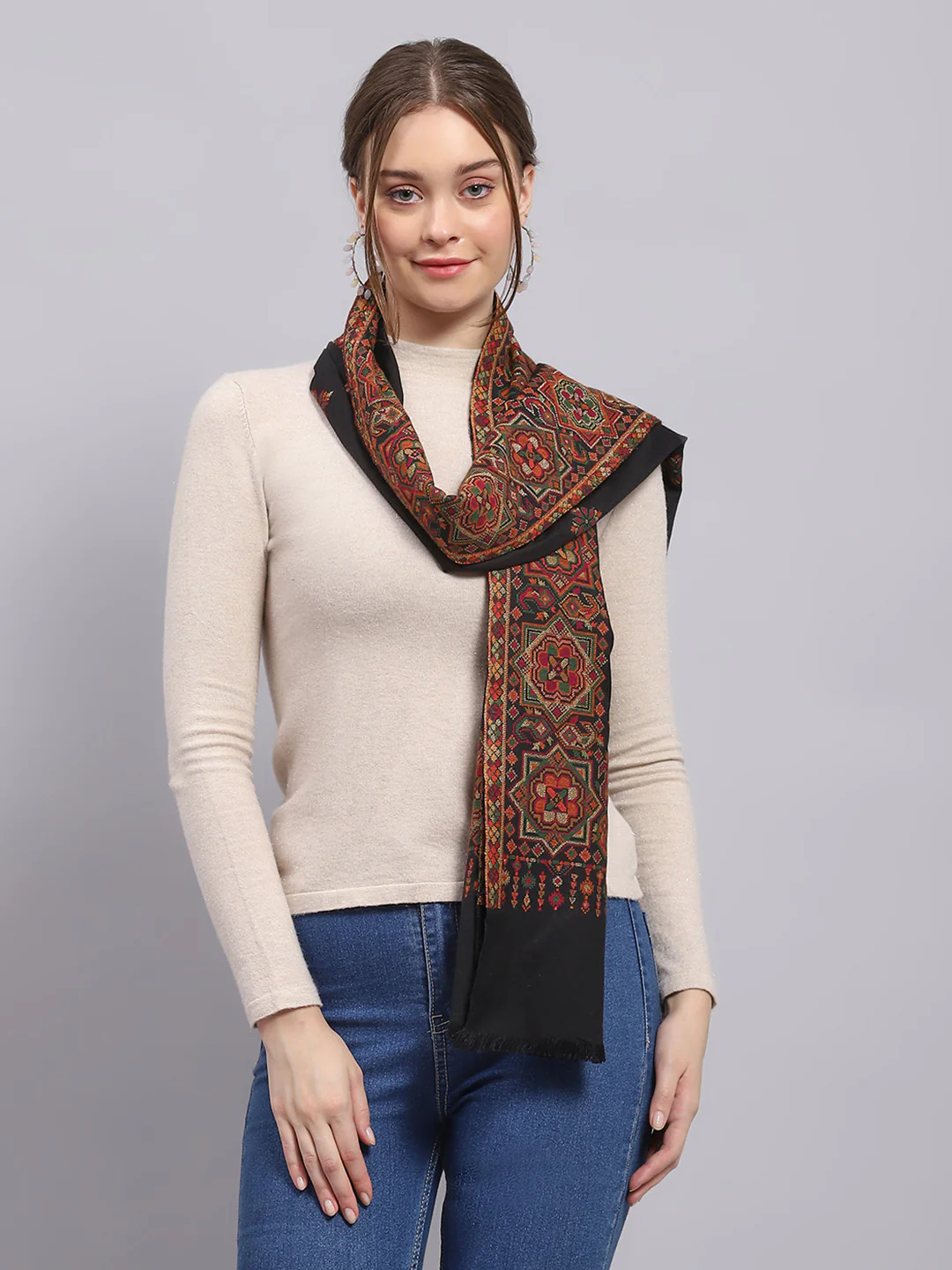 Women Black Self Design Stole - Image 3