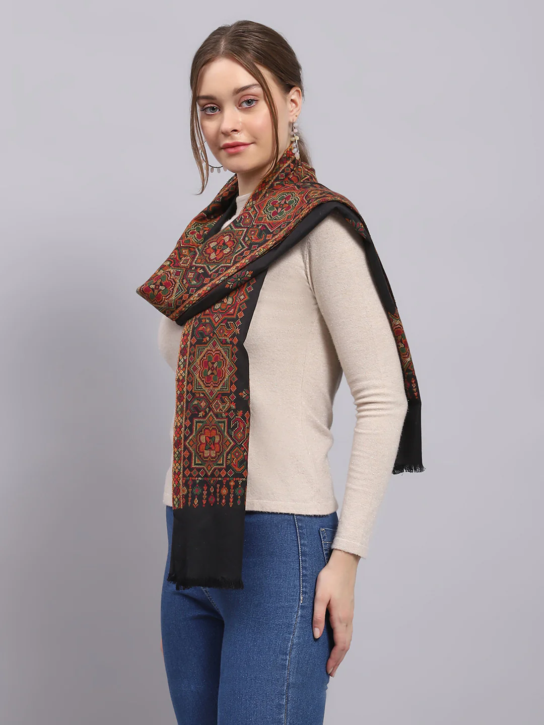 Women Black Self Design Stole - Image 4