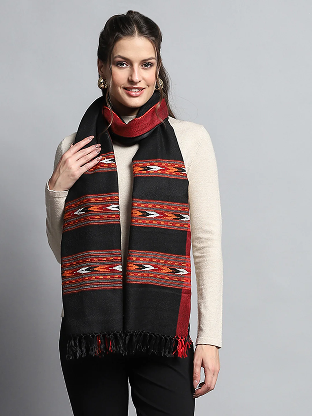 Women Black Self Design Stole - Image 3