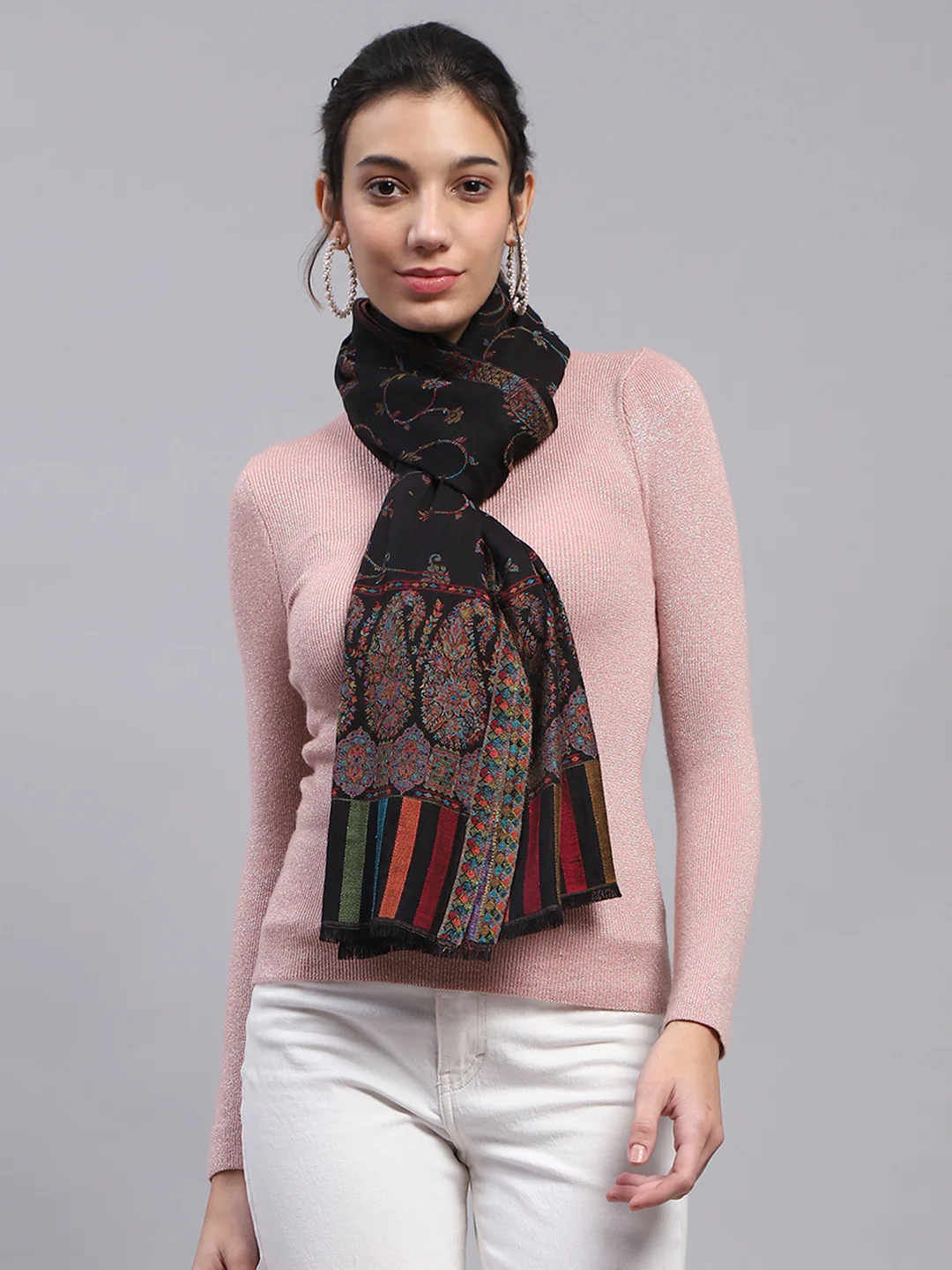 Women Black Self Design Stole - Image 3