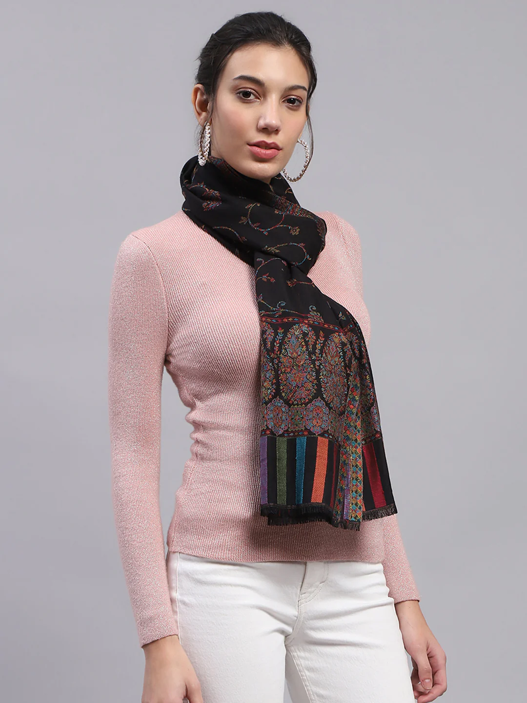 Women Black Self Design Stole - Image 5