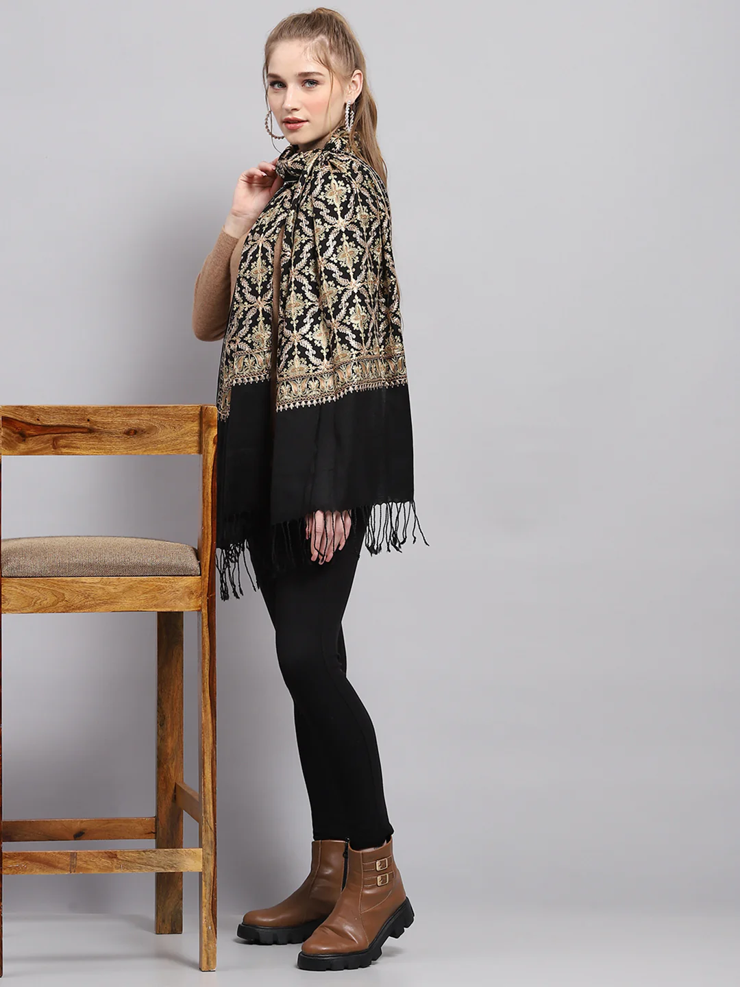 Women Black Self Design Stole - Image 2