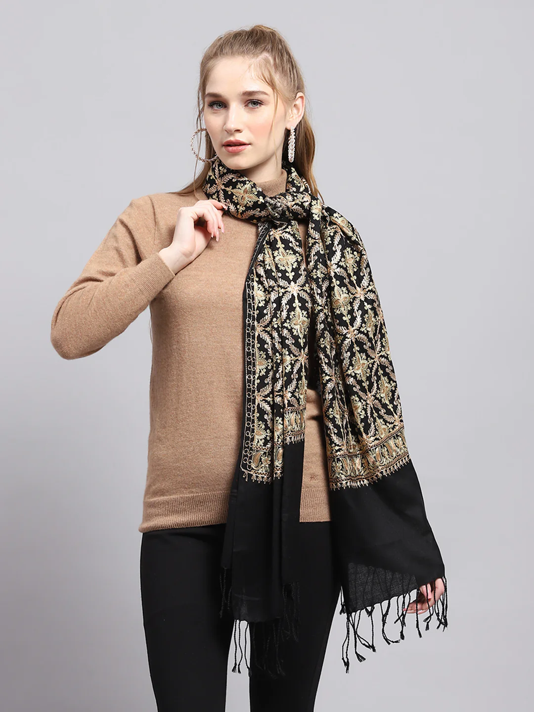 Women Black Self Design Stole - Image 3