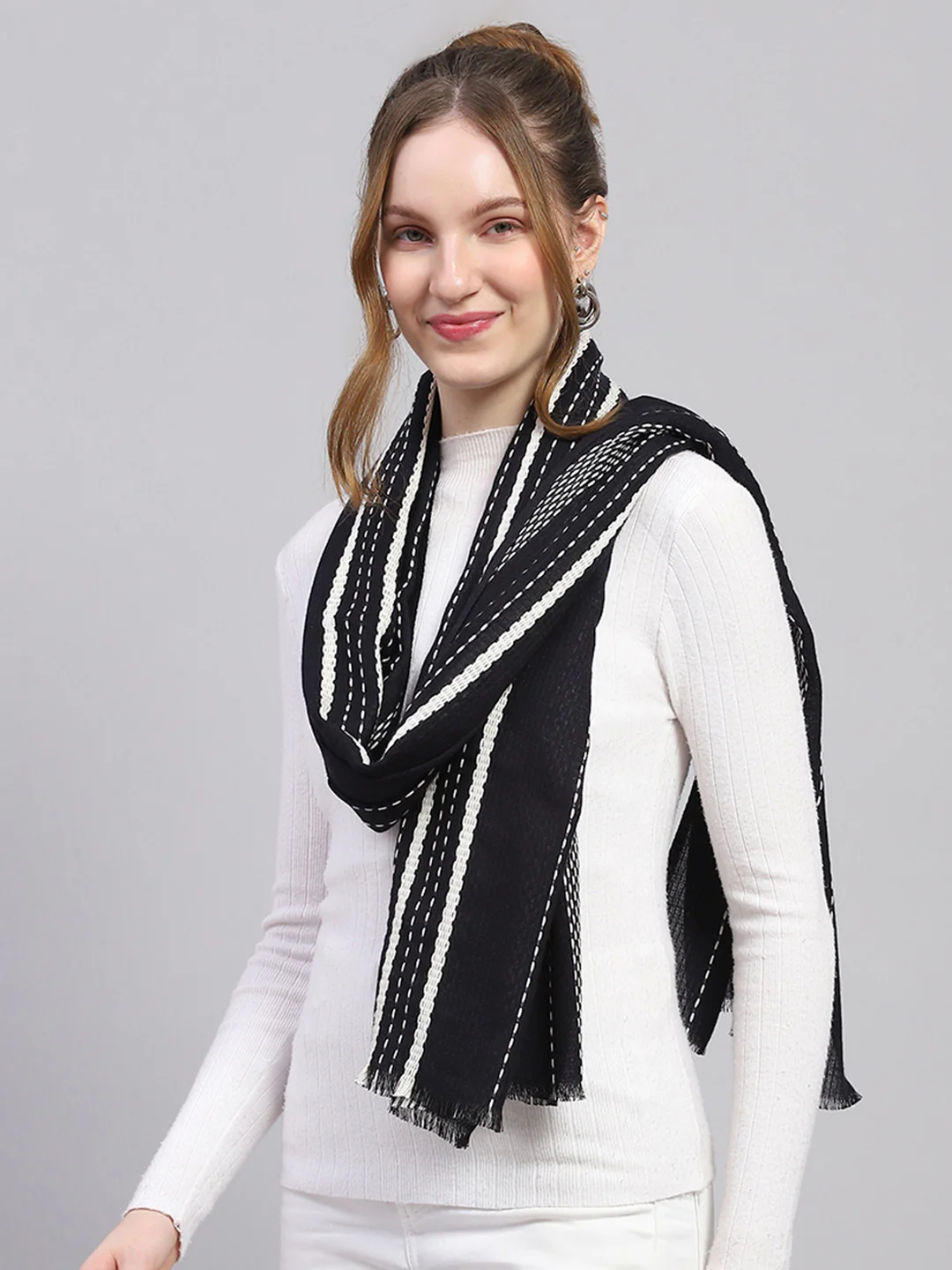 Women Black Self Design Stole - Image 3