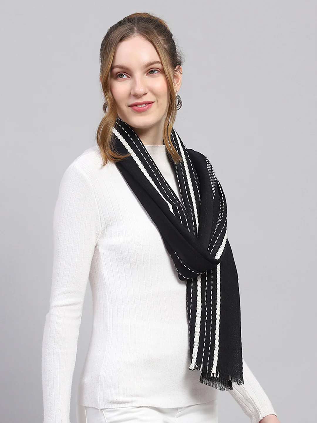 Women Black Self Design Stole - Image 4