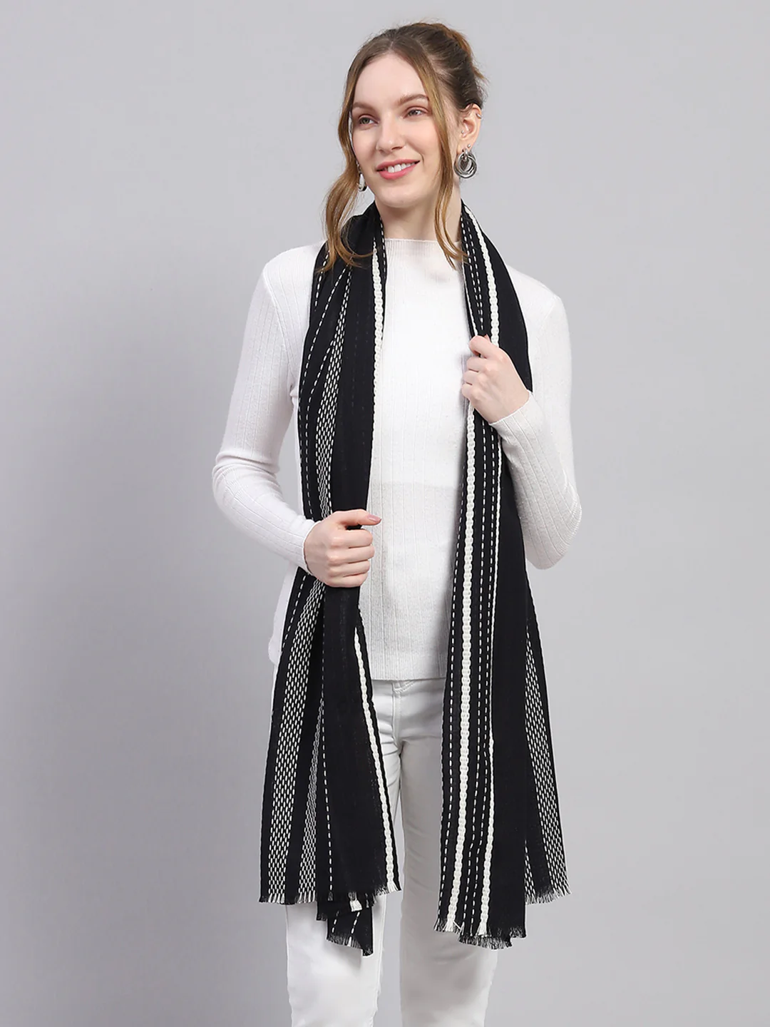 Women Black Self Design Stole - Image 5