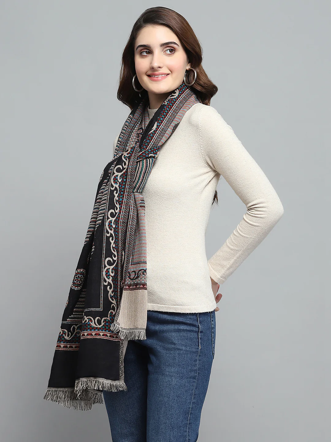 Women Black Self Design Stole - Image 3
