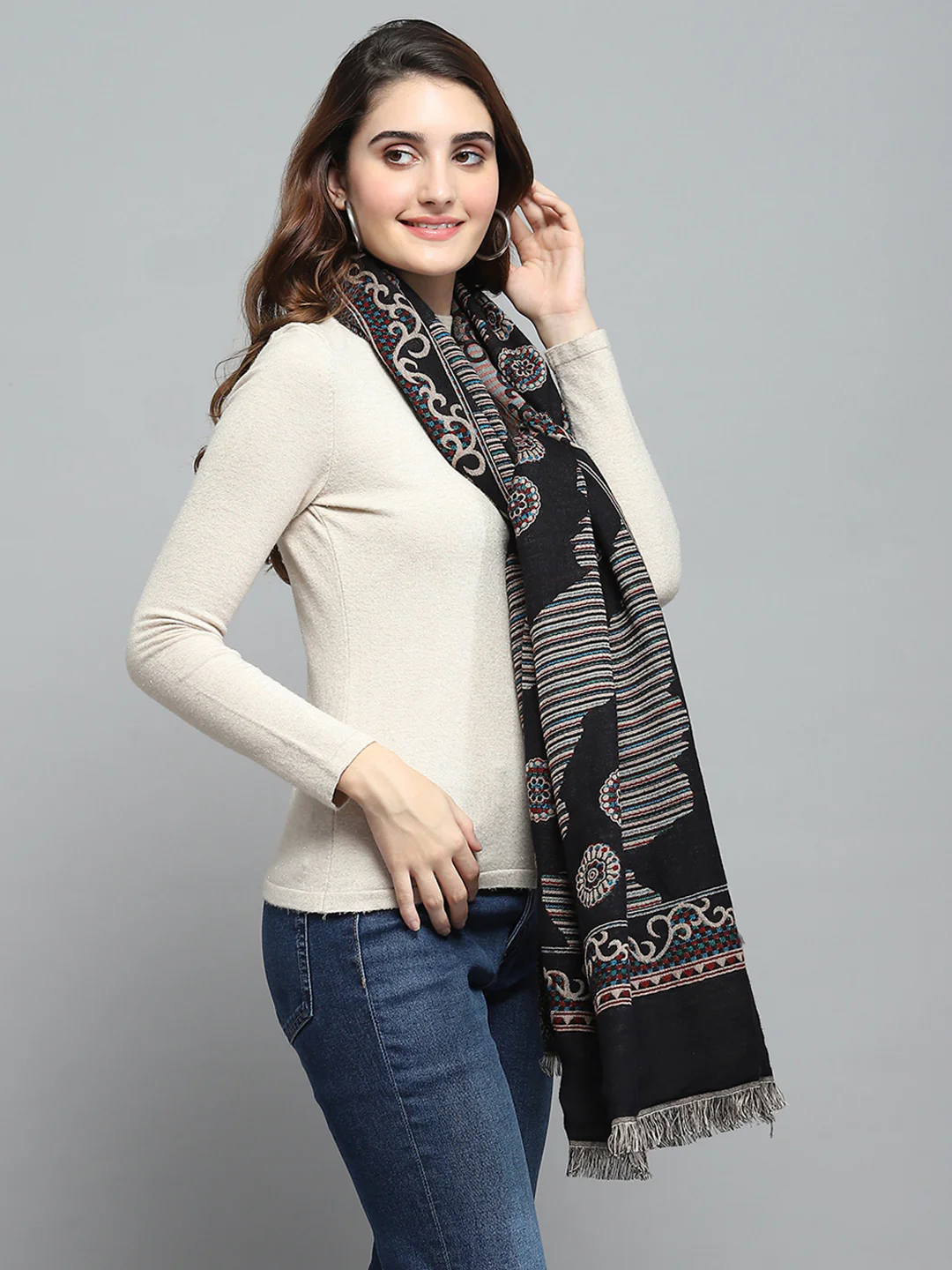 Women Black Self Design Stole - Image 4