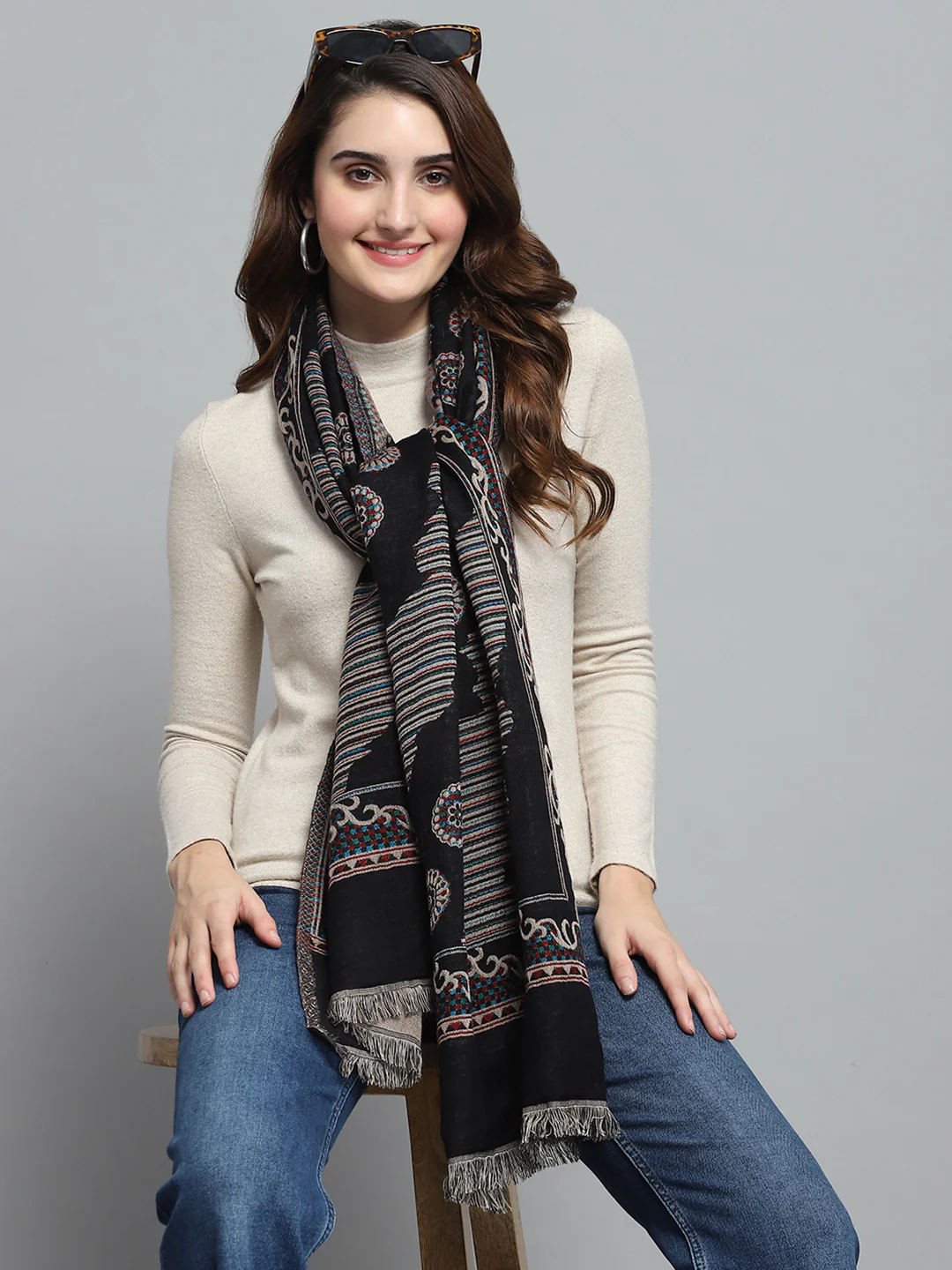 Women Black Self Design Stole - Image 7
