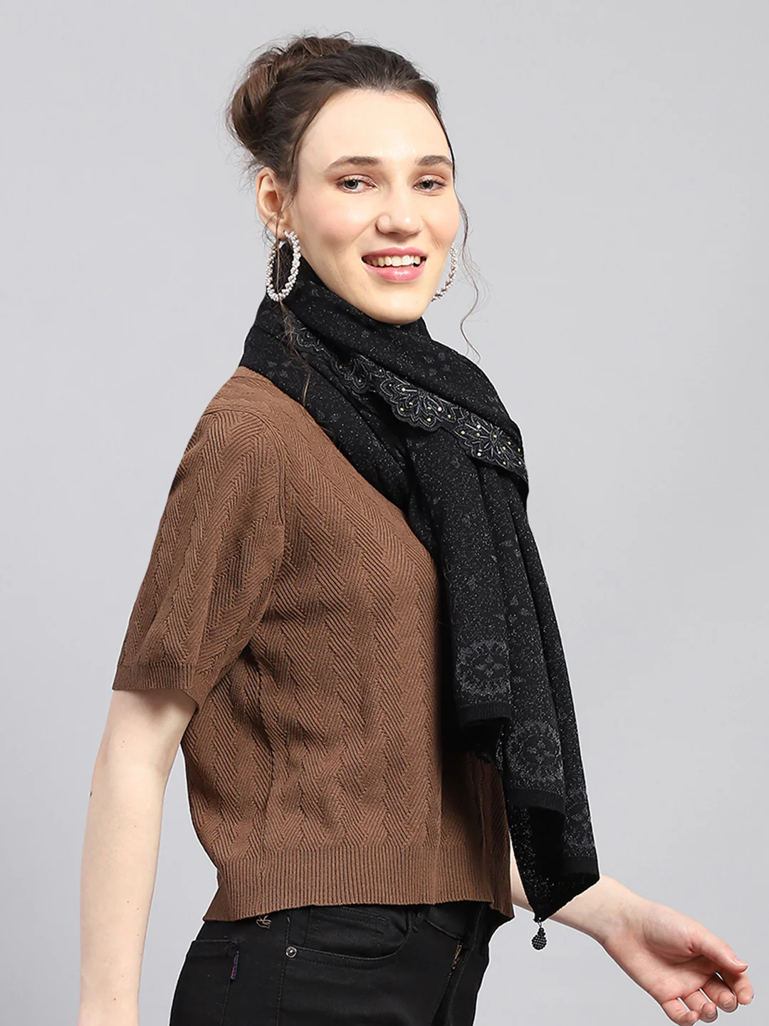 Women Black Self Design Stole - Image 5