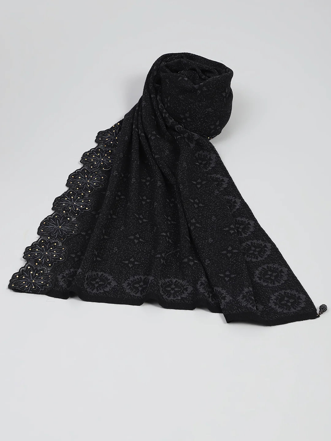 Women Black Self Design Stole - Image 6