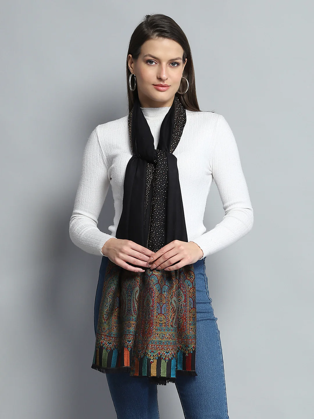 Women Black Self Design Stole - Image 3