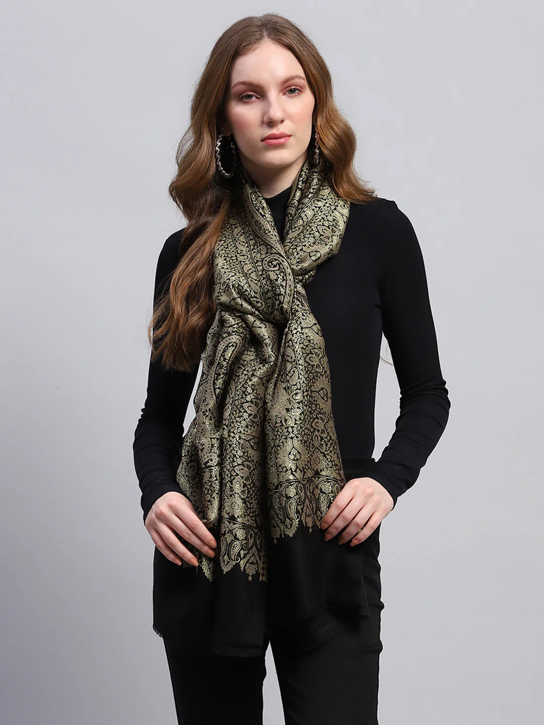 Women Black Self Design Stole - Image 3