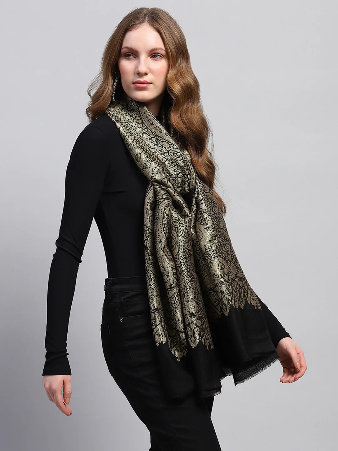 Women Black Self Design Stole - Image 5