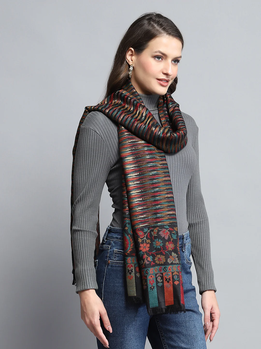 Women Black Self Design Stole - Image 5