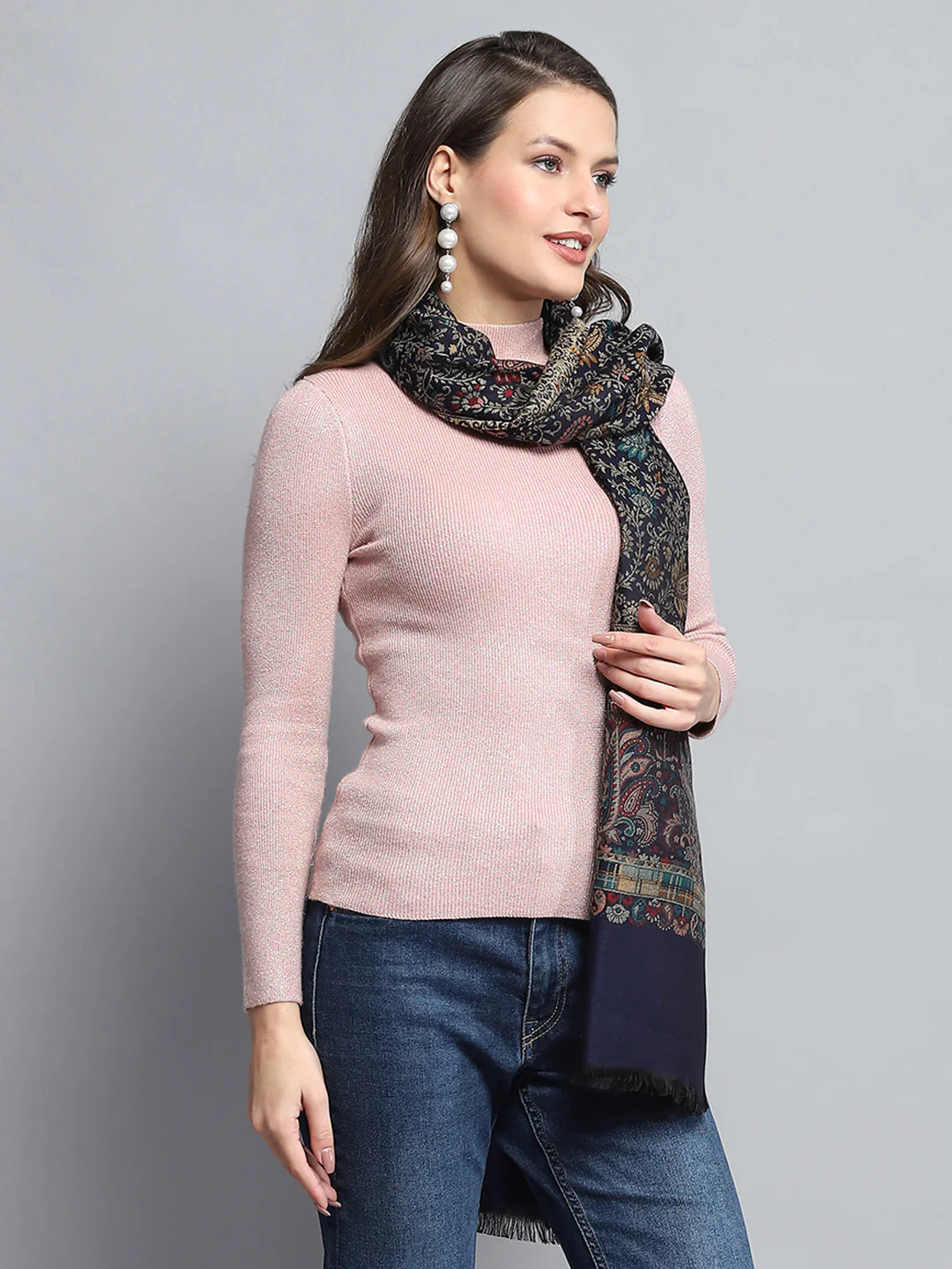 Women Black Self Design Stole - Image 5