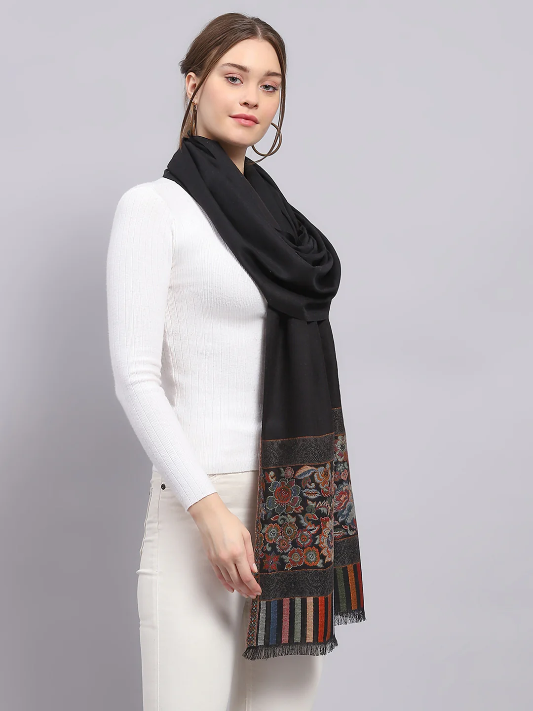 Women Black Self Design Stole - Image 5