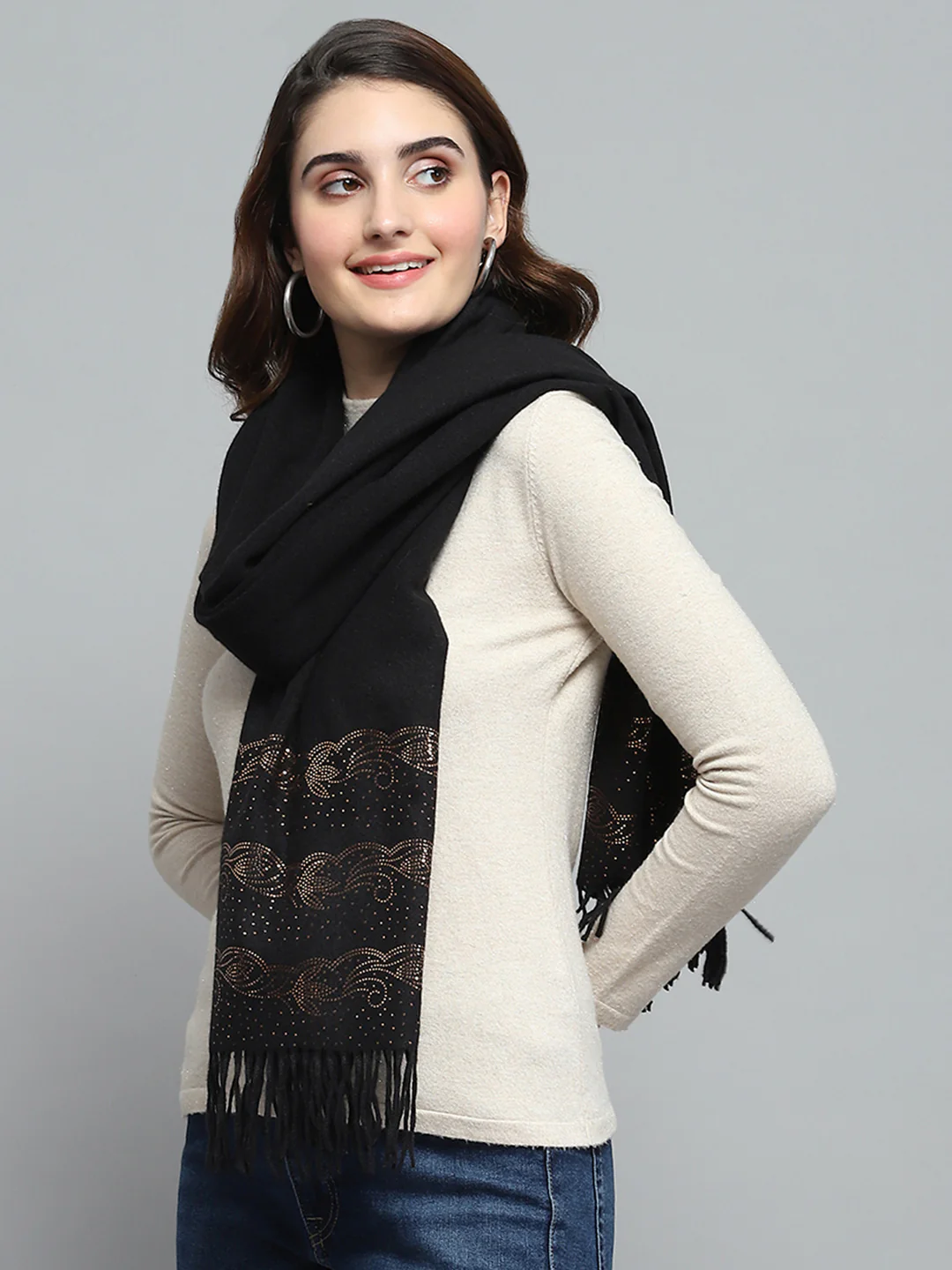 Women Black Self Design Stole - Image 3