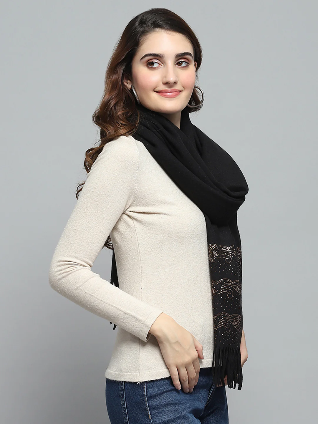Women Black Self Design Stole - Image 4