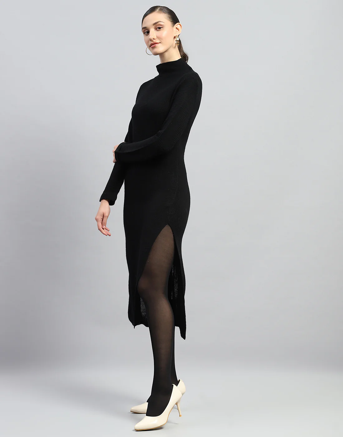 Women Black Self Design Turtle Neck Full Sleeve Dress - Image 4